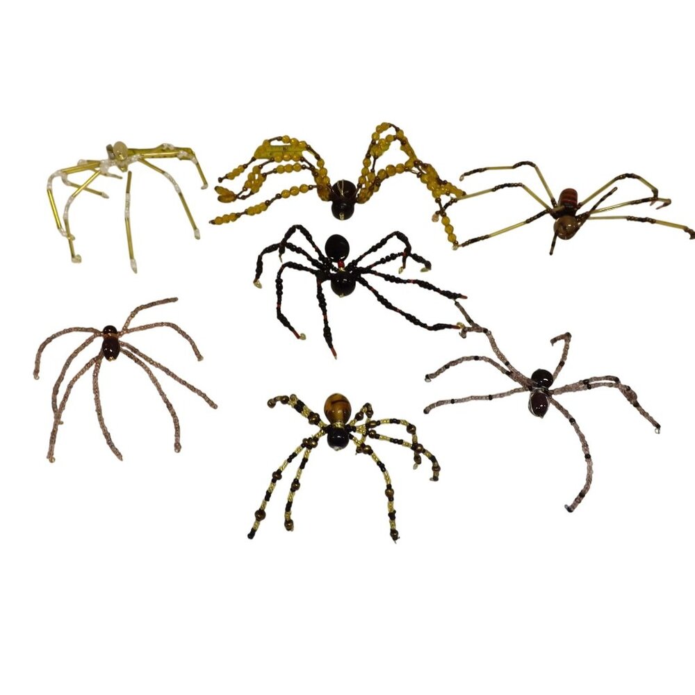 Handmade Beaded Spider Ornaments Set Of 7 Decor Figurines Beads Stones Ooak Bagi